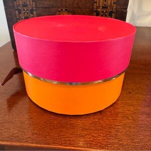 Kate Spade Round Jewelry Gift Keepsake Box Pink Orange Gold Trim Ribbon